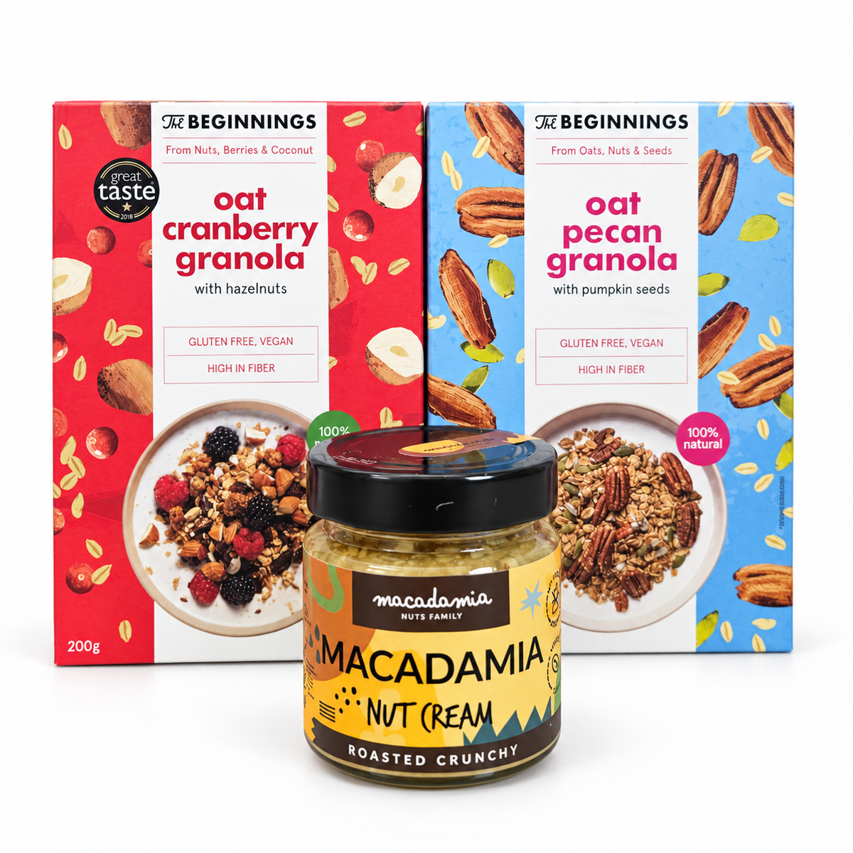 Avižų granola su spanguolėmis, 200 g; Avižų granola su karijų riešutais, 200 g; Traškus makadamijų riešutų kremas 180 g