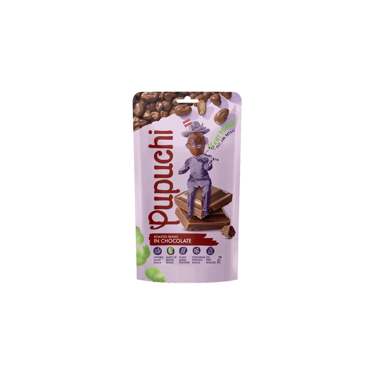 Pupuchi skrudintos fava pupos pieniškame šokolade, 70 g