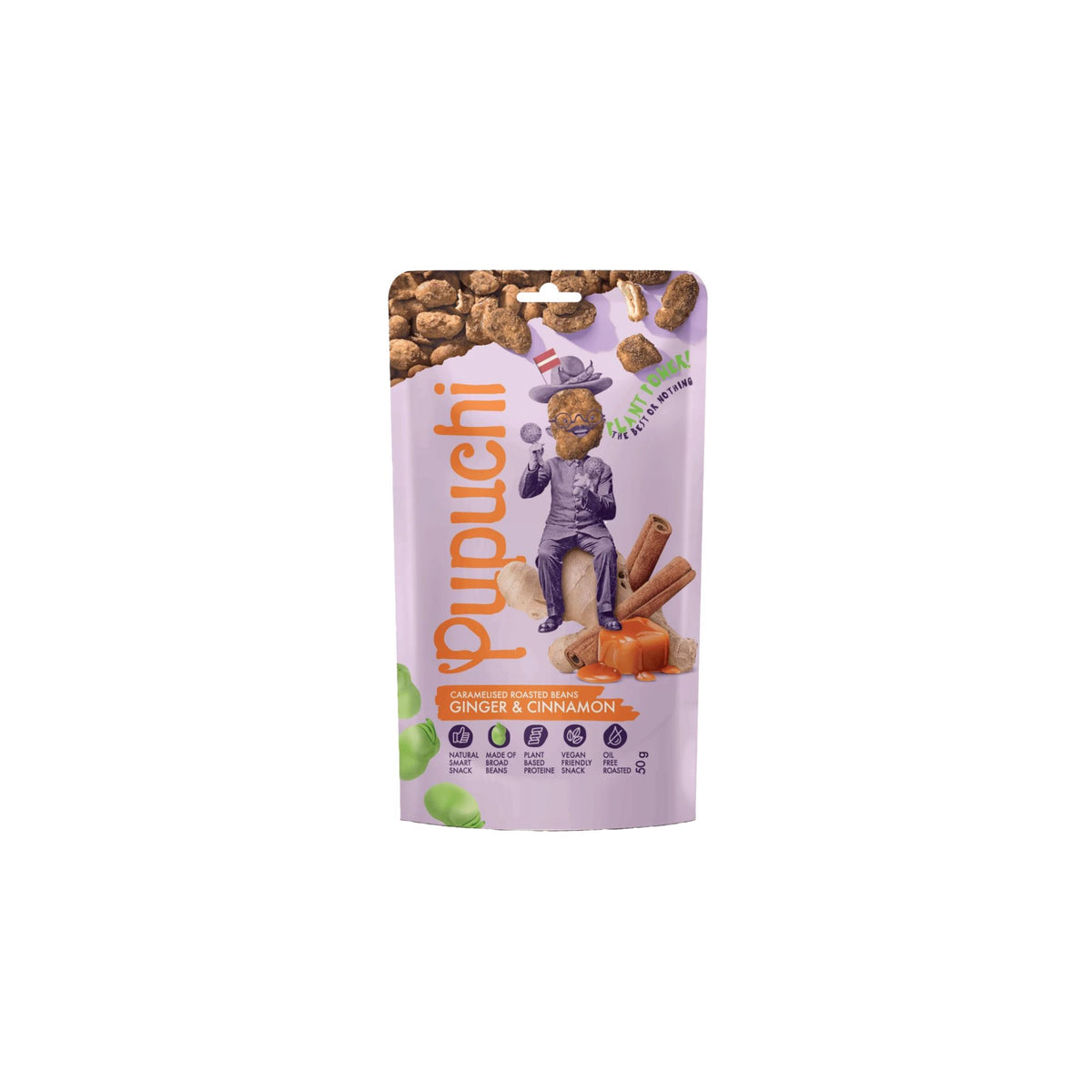 Pupuchi karamelizuotos skrudintos fava pupos su imbieru ir cinamonu, 50 g